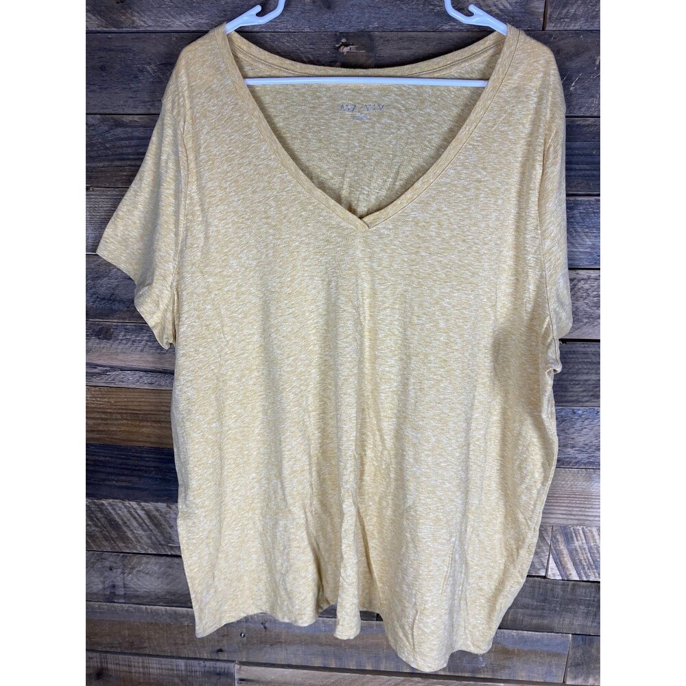 AVA & VIV Women's Yellow 3X V-Neck Short Sleeve Top Cotton Blend